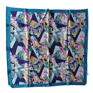 Kurochiku Japanese Chirimen Rayon Scarf Traditional Heian Floral Teal 26x26